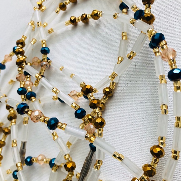 Gold and Blue Multi-Strand African Beaded Waist beads/Waist Chain - Picture 7 of 16